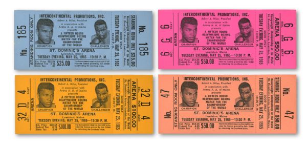 MAY 25, 1965 CASSIUS CLAY VS SONNY LISTON "PHANTOM PUNCH" WORLD CHAMPIONSHIP FIGHT GROUP OF 4 FULL UNUSED TICKETS (GOLD, PINK, ORANGE, BLUE)