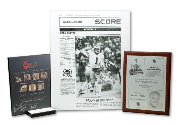 WARREN MOONS 1983 SIGNED JEFF NICKLIN CFL WESTERN DIVISION MVP PLAQUE, 2009 SIGNED CANADAS SPORTS HOF INDUCTION DINNER PLAQUE, AND 1982 SIGNED 16 X 20 CANADA NEWSPAPER SPREAD (MOON LOA)