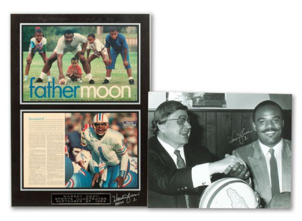 WARREN MOONS 9/27/1993 SPORTS ILLUSTRATED SPREAD PRINTED ON LARGE WOOD PANEL (SIGNED) AND HOUSTON OILERS 16 X 20 FOAM POSTER (SIGNED) WITH OWNER BUD ADAMS (MOON LOA)