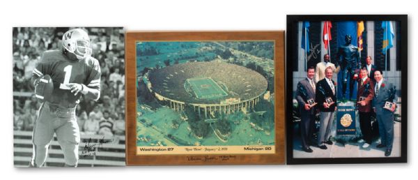WARREN MOONS LOT OF (3) SIGNED 16 X 20 IMAGES INCLUDING: 1978 ROSE BOWL GAME AERIAL VIEW (PRINTED ON WOOD); WASHINGTON HUSKIES POSTER; AND 1997 ROSE BOWL HOF INDUCTEES PHOTO FRAMED (MOON LOA)