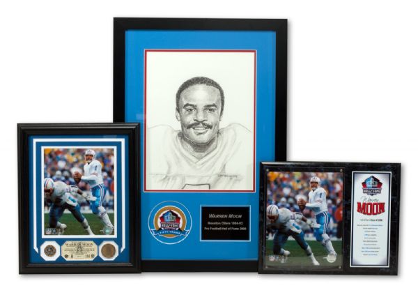 WARREN MOONS LOT OF (3) 2006 PRO FOOTBALL HOF ITEMS INCLUDING: FRAMED 11 X 14 ART PORTRAIT WITH 50TH ANNIV. PATCH; CAREER STATS PLAQUE; AND BRONZE MEDALLION & PIN WITH 8 X 10 PHOTO FRAMED (MOON LOA)
