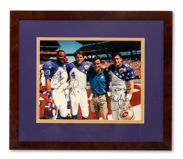 WARREN MOONS 1996 NFL PRO BOWL FRAMED 11 X 14 PHOTO SIGNED & INSCRIBED BY BRETT FAVRE, STEVE YOUNG AND STEVE MARIUCCI (MOON LOA)