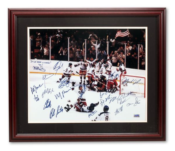 1980 USA HOCKEY OLYMPIC GOLD MEDAL TEAM-SIGNED "MIRACLE ON ICE" FRAMED 16 X 20 PHOTO THAT AL MICHAELS SIGNED & INSCRIBED "DO YOU BELIEVE IN MIRACLES? YES!"