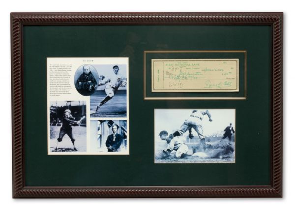 TY COBB FRAMED DISPLAY FEATURING 1956 SIGNED BANK CHECK