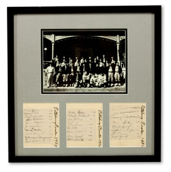 1934 PITTSBURGH PIRATES TEAM SIGNED DISPLAY INCL. HONUS WAGNER, PIE TRAYNOR AND WANER BROTHERS