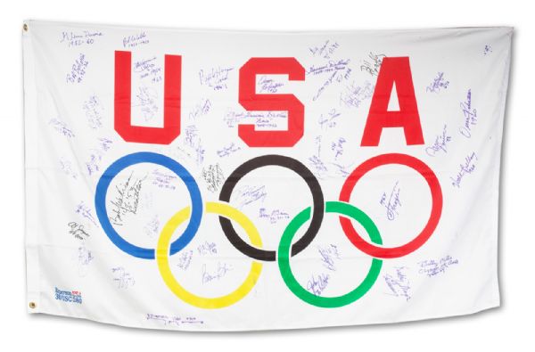 JERRY LUCAS 1996 OLYMPIC FLAG (ATLANTA) AUTOGRAPHED BY 53 FORMER USA GOLD MEDAL WINNERS (LUCAS LOA)