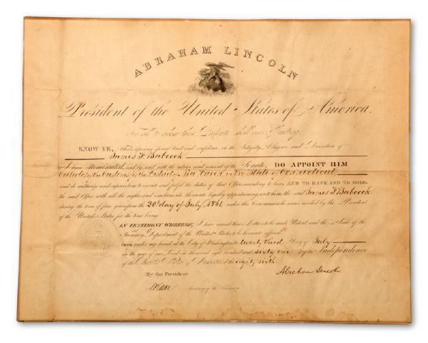 1861 ABRAHAM LINCOLN SIGNED PRESIDENTIAL APPOINTMENT DOCUMENT COUNTERSIGNED BY SALMON P. CHASE
