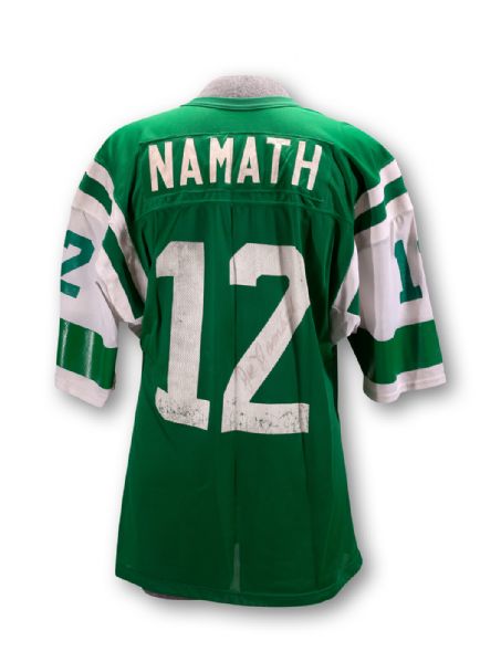 JOE NAMATH 1960S NEW YORK JETS GAME WORN AND AUTOGRAPHED PRACTICE JERSEY (LOA FROM NAMATHS MOTHER)