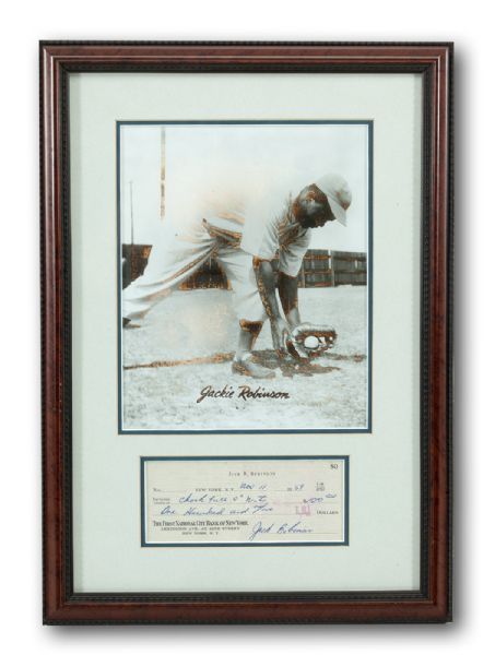 1959 JACKIE ROBINSON FRAMED AND SIGNED PERSONAL CHECK AND UNSIGNED PHOTO