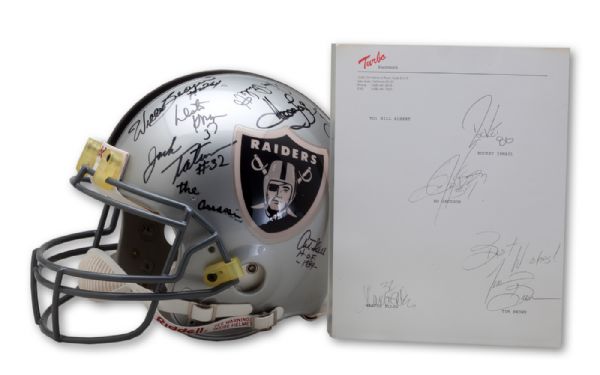 OAKLAND RAIDERS MULTI-SIGNED ALL-TIME GREATS RIDDELL FULL SIZE HELMET (20 SIGS INCL. MANY HALL OF FAMERS) AND LETTERHEAD SIGNED BY (4) RAIDERS HEISMAN WINNERS