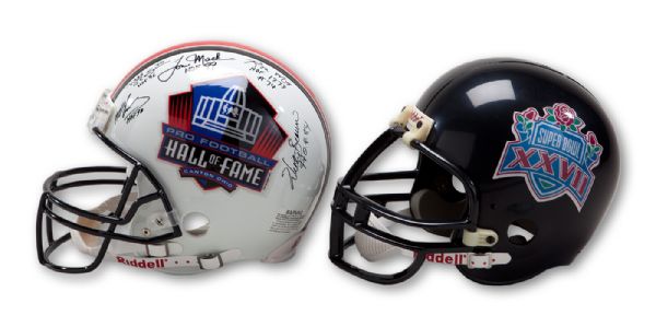 PRO FOOTBALL HALL OF FAME MULTI-SIGNED FULL SIZE HELMET (7 AUTOGRAPHS INCL. BART STARR) AND TROY AIKMAN SIGNED SUPER BOWL XXVIII COMMEMORATIVE FULL SIZE HELMET