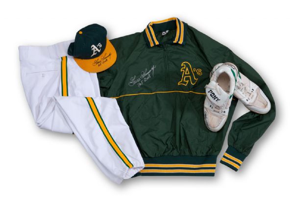 GOOSE GOSSAGES 1992-93 OAKLAND AS GAME WORN & SIGNED ITEMS INCLUDING WINDBREAKER JACKET, CAP, HOME PANTS AND PONY TURF SHOES (GOSSAGE LOA)