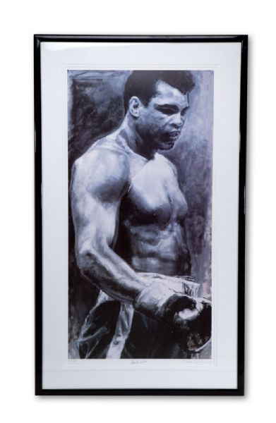 MUHAMMAD ALI AUTOGRAPHED 20"X40" FRAMED SERIGRAPH (TRIAL PROOF #12/15) SIGNED BY ARTIST STEPHEN HOLLAND 