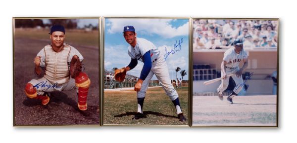 LOT OF (3) HALL OF FAME SIGNED 16 X 20 COLOR PHOTOS INCLUDING WILLIE MAYS ("660"), SANDY KOUFAX ("HOF 72"), AND ROY CAMPANELLA