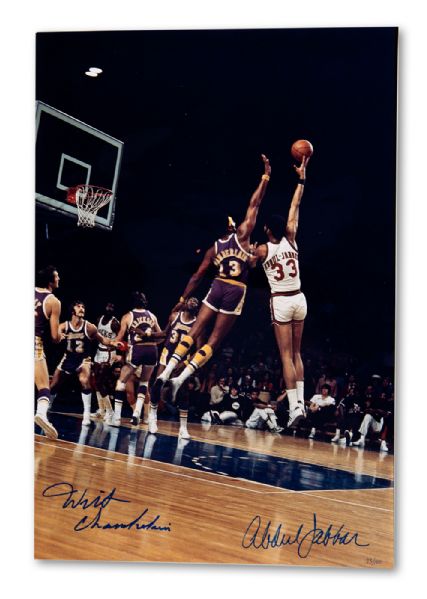 WILT CHAMBERLAIN AND KAREEM ABDUL-JABBAR AUTOGRAPHED 16 X 24 PHOTO (#33/100) WITH PHOTO OF BOTH SIGNING