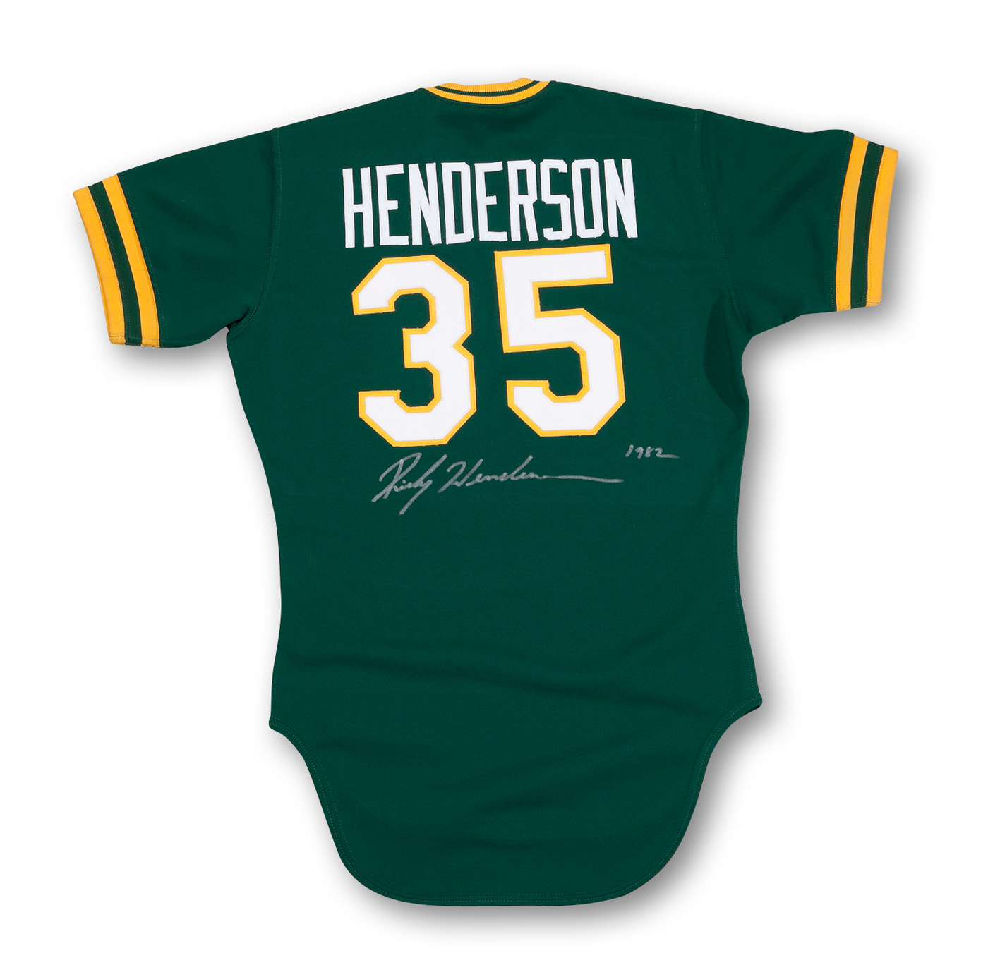 Lot Detail - 1982 RICKEY HENDERSON SIGNED OAKLAND A'S GAME-ISSUED ALTERNATE  JERSEY (#35) FROM RECORD-BREAKING 130 STOLEN BASE SEASON