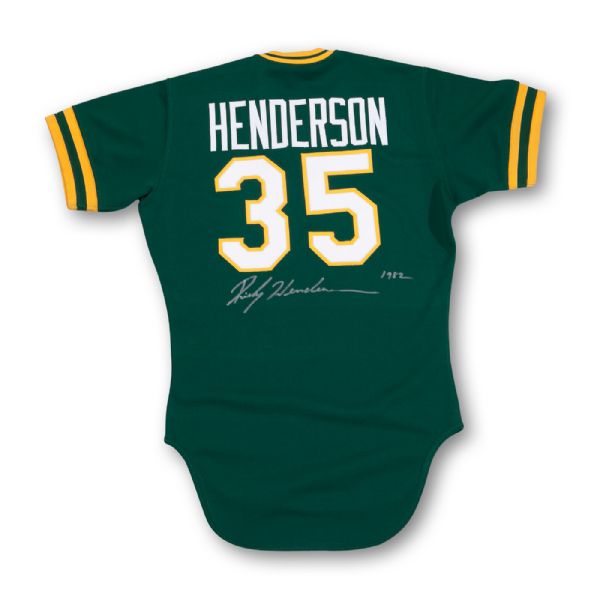 1982 RICKEY HENDERSON SIGNED OAKLAND AS GAME-ISSUED ALTERNATE JERSEY (#35) FROM RECORD-BREAKING 130 STOLEN BASE SEASON