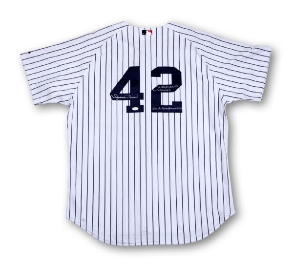 2013 MARIANO RIVERA SIGNED NEW YORK YANKEES AUTHENTIC HOME JERSEY WITH "EXIT SANDMAN 2013" & "96, 98, 99, 00, 99 W.S. CHAMPS" INSCRIPTIONS (JSA & STEINER)