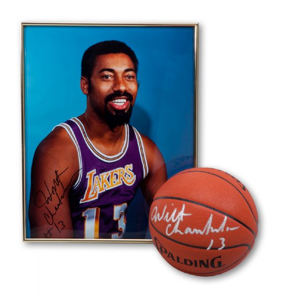 WILT CHAMBERLAIN SIGNED SPALDING BASKETBALL AND SIGNED LOS ANGELES LAKERS 16 X 20 PHOTO (BOTH INSCRIBED "13")