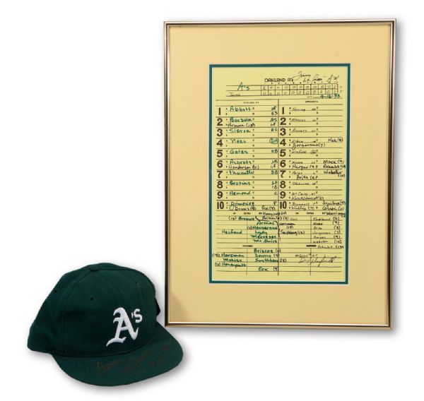 DAVE WINFIELDS 3000TH HIT GAME 9/16/1993 MINNESOTA TWINS AT OAKLAND AS ORIGINAL LINEUP CARD (TONY LARUSSA PROVENANCE) AND LARUSSAS OAKLAND AS SIGNED GAME-WORN CAP INSCRIBED "9/16/93" (LARUSSA LOA)