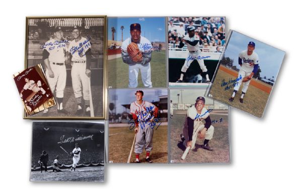 LOT OF (8) HALL OF FAME SIGNED PHOTOS INCLUDING (1) MUSIAL/MANTLE DUAL SIGNED & INSCRIBED 11 X 14 BLACK & WHITE AND (7) SINGLE SIGNED (MANTLE, WILLIAMS, MAYS, AARON,  MUSIAL, DRYSDALE & MARICHAL)