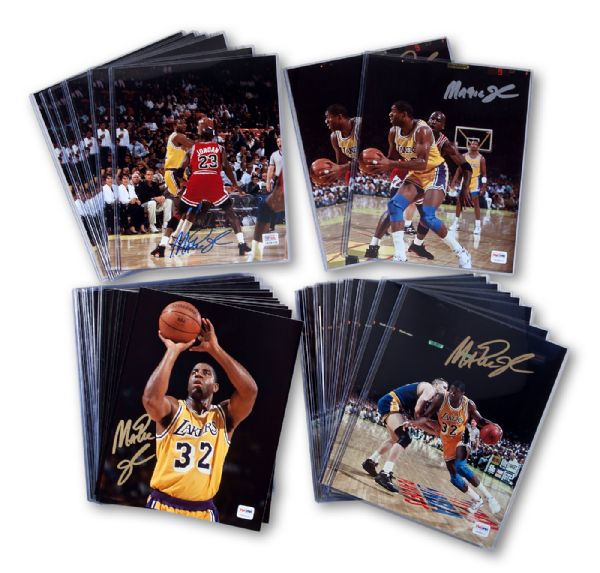 MAGIC JOHNSON SIGNED LOT OF 41 SIGNED 8 X 10 FULL COLOR PHOTOS (4 DIFFERENT) WITH INDIVIDUAL PSA/DNA COAS