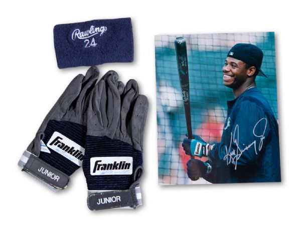 EARLY 1990S KEN GRIFFEY JR. GAME-WORN & SIGNED FRANKLIN BATTING GLOVES (GRIFFEY COA) AND RAWLINGS #24 WRISTBAND WITH SIGNED SEATTLE MARINERS 8 X 10 PHOTO
