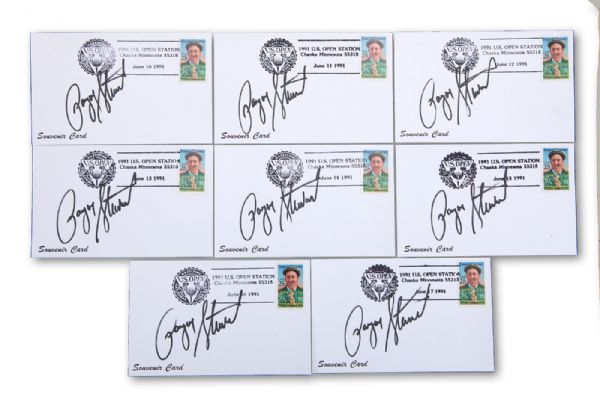 INCREDIBLE 1991 U. S. OPEN COLLECTION INCLUDING 8 PAYNE STEWART SIGNED SOUVENIR CARDS POSTMARKED FROM EACH DAY HE WAS AT THE TOURNAMENT ( JUNE 10 THROUGH JUNE 17) 
