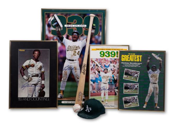 LOT OF (7) RICKEY HENDERSON SIGNED ITEMS INCLUDING OAKLAND AS CAP INSCRIBED "S.B. KING", ADIRONDACK BAT, OAL (BROWN) BASEBALL, AND (4) LARGE PHOTOS HONORING CAREER MILESTONES