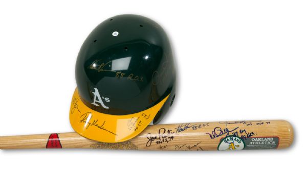 OAKLAND AS ALL-TIME GREATS MULTI-SIGNED COOPERSTOWN BAT AND OAKLAND AS BATTING HELMET (10 TOTAL AUTOGRAPHS ON EACH)