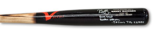 2012 MANNY MACHADO GAME USED AND SIGNED ROOKIE YEAR VICTUS PROFESSIONAL MODEL BAT WITH INSCRIPTIONS ".262 AVG, 7 HR, 26 RBI"