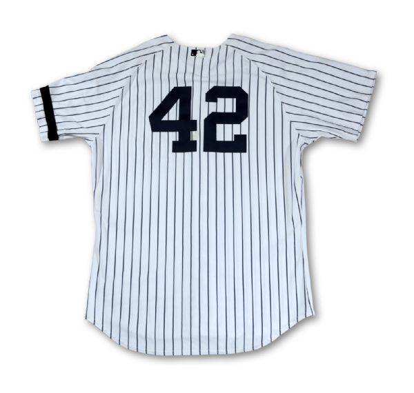 2010 MARIANO RIVERA GAME WORN AND INSCRIBED NEW YORK YANKEES HOME JERSEY WITH GEORGE M. STEINBRENNER III "THE BOSS" AND BOB SHEPPARD "THE VOICE OF THE YANKEE STADIUM" PATCHES (MLB AUTH., STEINER LOA)