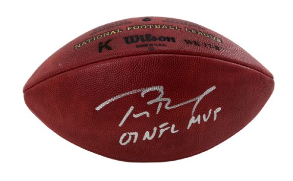 HISTORIC 2007 TOM BRADY GAME USED AND SIGNED OFFICIAL NFL FOOTBALL FROM NEW ENGLAND PATRIOTS VS. NEW YORK GIANTS (DECEMBER 29, 2007) CAPPING PERFECT 16-0 REGULAR SEASON (COA NEW YORK GIANTS)