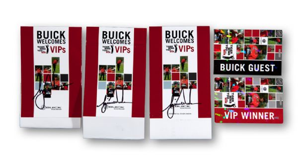 LOT OF (3) TIGER WOODS AUTOGRAPHED 2006 BUICK INVITATIONAL VIP TABLETOP STANDEES AND (2) EVENT PASSES