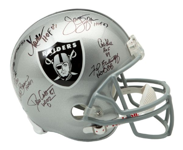 OAKLAND RAIDERS MULTI-SIGNED HALL OF FAMERS WITH HOF INSCRIPTIONS INCLUDING JIM OTTO, WILLIE BROWN, FRED BILETNIKOFF, MARCUS ALLEN AND OTHERS (8 TOTAL SIGNATURES) 