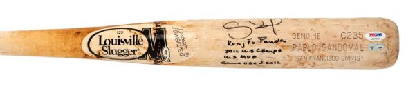 2012 PABLO SANDOVAL GAME USED AND SIGNED LOUISVILLE SLUGGER PROFESSIONAL MODEL BAT WITH MULTIPLE INSCRIPTIONS (PSA/DNA GU 10) (MLB AUTHENTICATED)