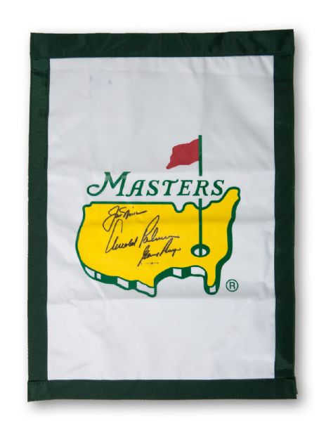 JACK NICKLAUS, ARNOLD PALMER AND GARY PLAYER TRIPLE SIGNED MASTERS FLAG
