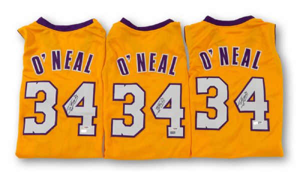 SHAQUILLE ONEAL SIGNED LOT OF (4) LOS ANGELES LAKERS REPLICA JERSEYS