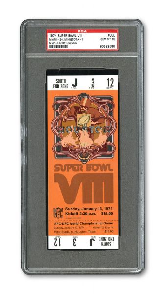 1974 SUPER BOWL VIII (MIAMI DOLPHINS - MINNESOTA VIKINGS) FULL UNUSED TICKET GEM MINT PSA 10