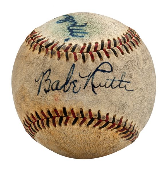 BABE RUTH AND MULE HAAS SIGNED BASEBALL (SIGNATURES ENHANCED/TRACED)