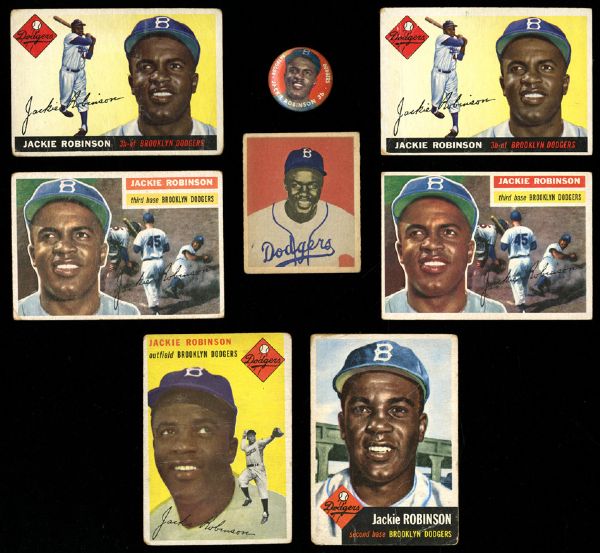 LOT OF (8) JACKIE ROBINSON CARDS INCL. 1949 BOWMAN ROOKIE, 1953 TOPPS, 1954 TOPPS, 1955 TOPPS (2), 1956 TOPPS (2), AND 1956 TOPPS PINS
