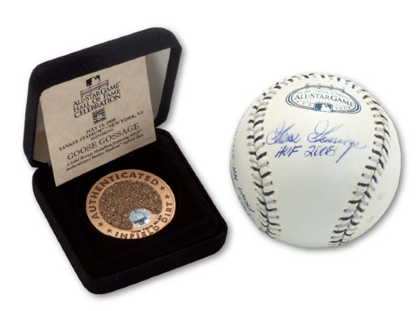 GOOSE GOSSAGES SIGNED JULY 15, 2008 MLB ALL-STAR GAME CEREMONIAL FIRST PITCH BALL AND 2008 HONORARY MEDALLION WITH INFIELD DIRT FROM OLD YANKEE STADIUM (GOSSAGE LOA)
