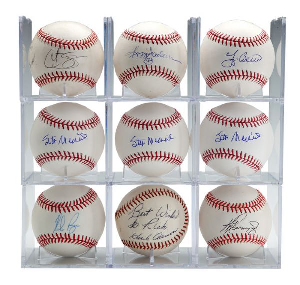 GOOSE GOSSAGES LOT OF (9) SINGLE-SIGNED BASEBALLS INCLUDING HALL OF FAMERS MUSIAL (3), AARON, BERRA, JACKSON, RYAN & GRIFFEY JR. AS WELL AS "CLASSY" INSCRIPTION FROM CURT SCHILLING (GOSSAGE LOA)