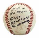GOOSE GOSSAGES APRIL 16, 1977 SIGNED & INSCRIBED 1ST CAREER HIT GAME BALL - PITTSBURGH PIRATES AT ST. LOUIS CARDINALS (GOSSAGE LOA)