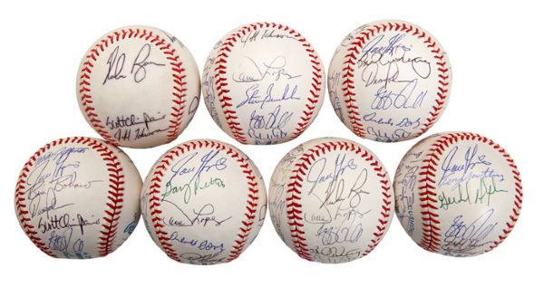GOOSE GOSSAGES LOT OF (6) 1991 TEXAS RANGERS TEAM SIGNED OAL (BROWN) BASEBALLS PLUS ONE PARTIAL (GOSSAGE LOA)