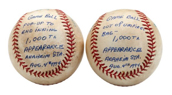GOOSE GOSSAGES LOT OF (2) 8/4/1994 SIGNED & INSCRIBED GAME BALLS FROM THE INNING OF HIS 1,000TH MLB APPEARANCE (1 OF ONLY 15 PLAYERS) - SEATTLE MARINERS VS. CALIFORNIA ANGELS (GOSSAGE LOA)