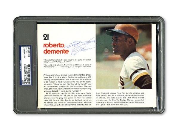 ROBERTO CLEMENTE AUTOGRAPHED 1972 PIRATES YEARBOOK PROFILE PAGE ENCAPSULATED BY PSA/DNA