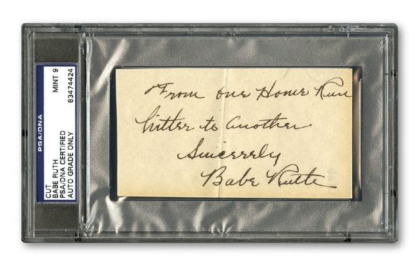 BABE RUTH INSCRIBED CUT "FROM ONE HOME RUN HITTER TO ANOTHER" (PSA/DNA MINT 9)