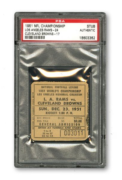 1951 NFL CHAMPIONSHIP GAME (LOS ANGELES RAMS - CLEVELAND BROWNS) TICKET STUB PSA AUTHENTIC