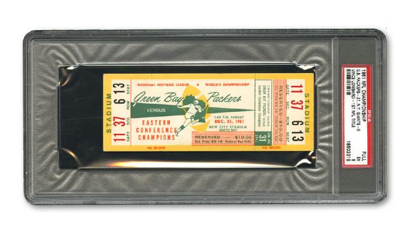 1961 NFL CHAMPIONSHIP GAME (GREEN BAY PACKERS - NEW YORK GIANTS)(VINCE LOMBARDIS FIRST NFL TITLE) FULL UNUSED TICKET EX PSA 5 